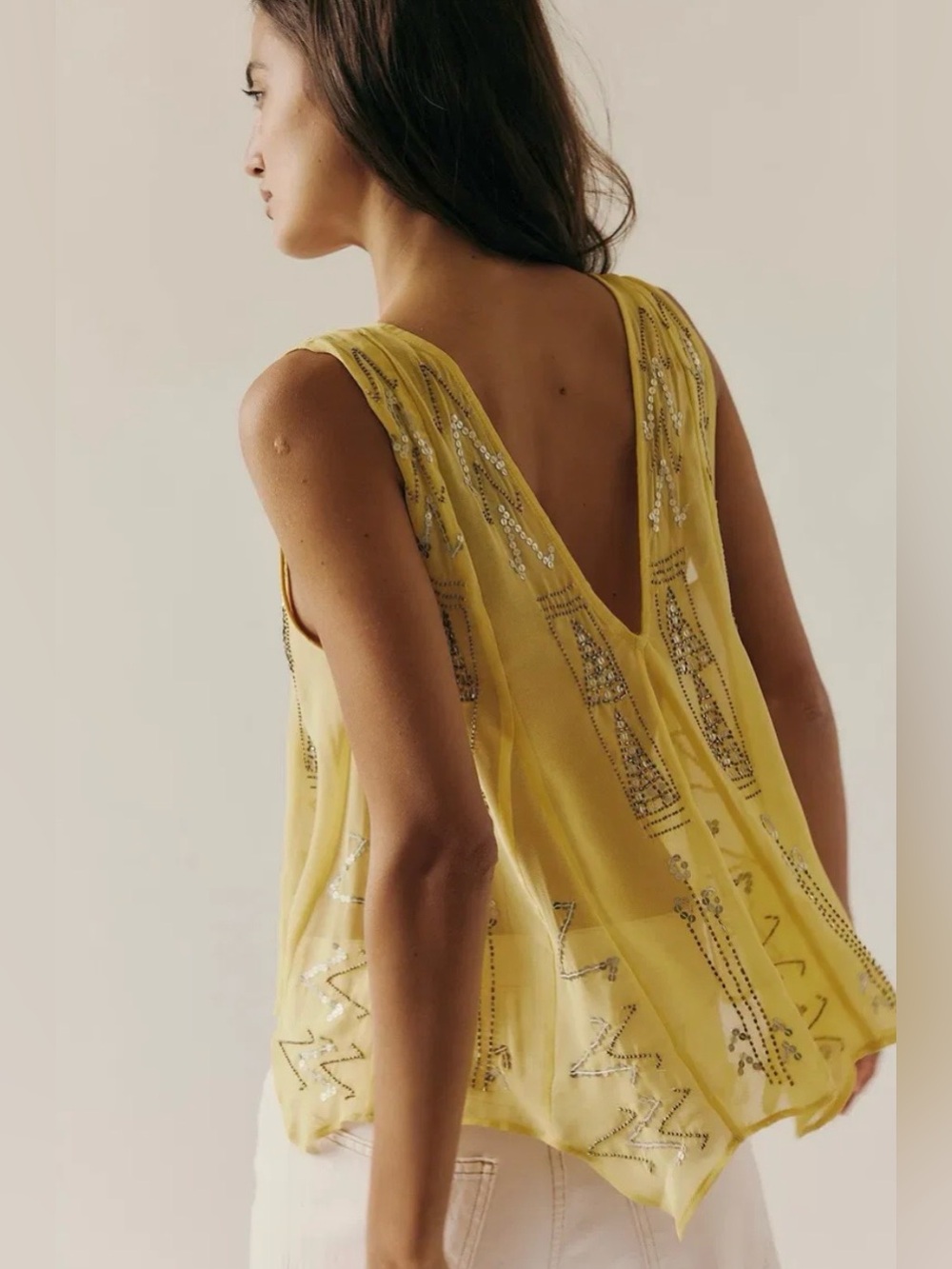 Free People Ibiza Night Yellow Embellished Beaded V-Neck Sleeveless Camisole